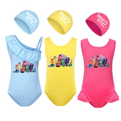 Movie Inside Out 2 Joy Girls Costume Kids Joy Print Swimsuit+Swim Cap Sets Baby Girls One Piece Bathing Suit Children Beach Wear