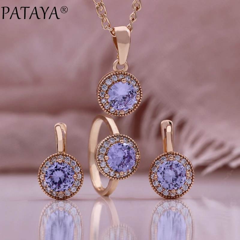 PATAYA Purple Zircon Women 585 Gold Rose Color Round Cubic Zircon Pendant Earrings Rings Sets Optional Necklace Chain Jewelry