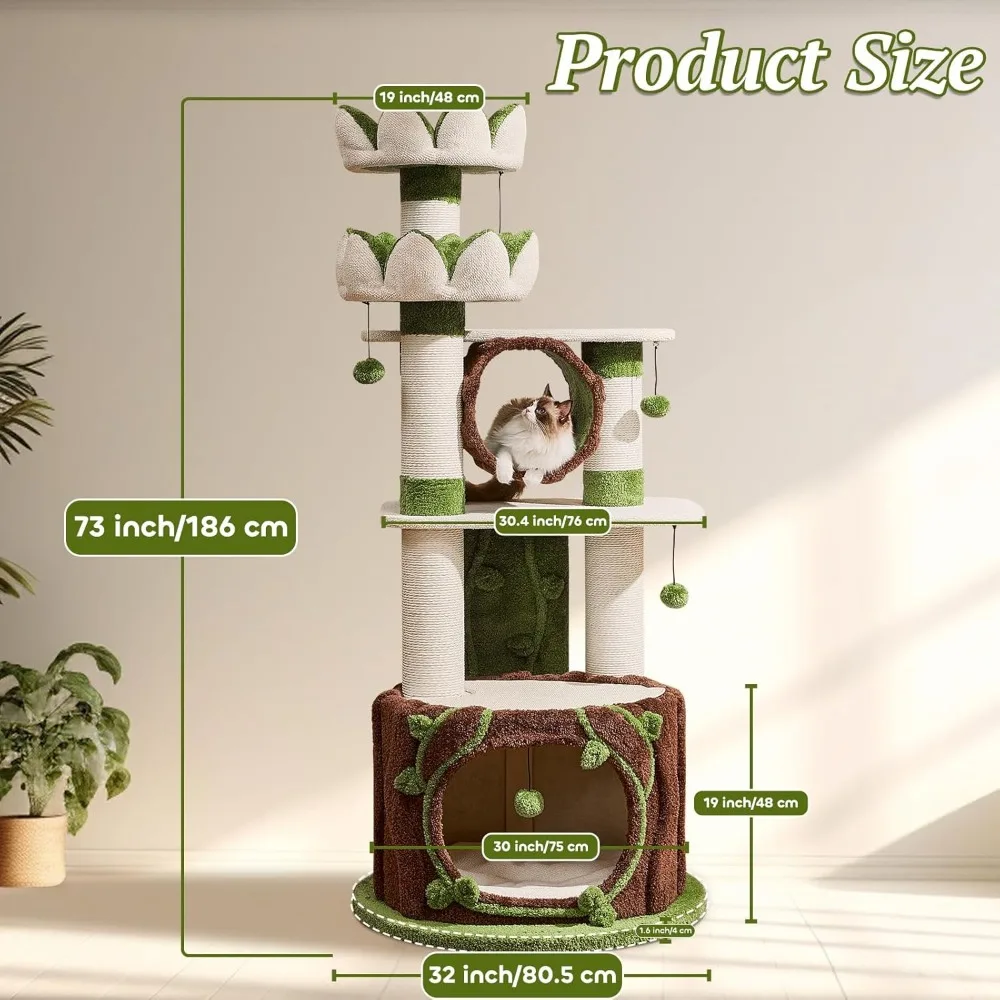 73 inch high indoor cat tree, tower with cat bed and sisal scratching board, multi-level house and cat climbing platform