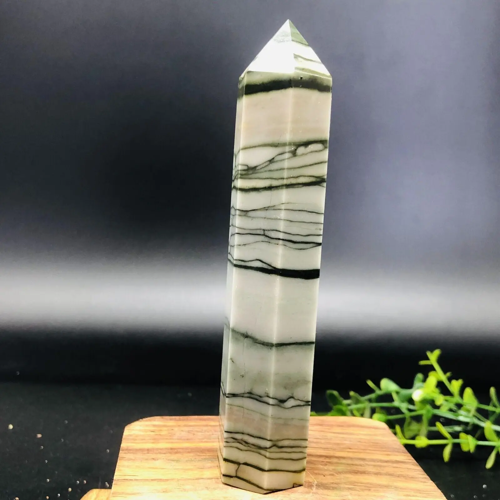 

Natural Stone Crystal Point Healing Obelisk Black and White Zebra Quartz Wand Beautiful Ornament for Home Decor Pyramid