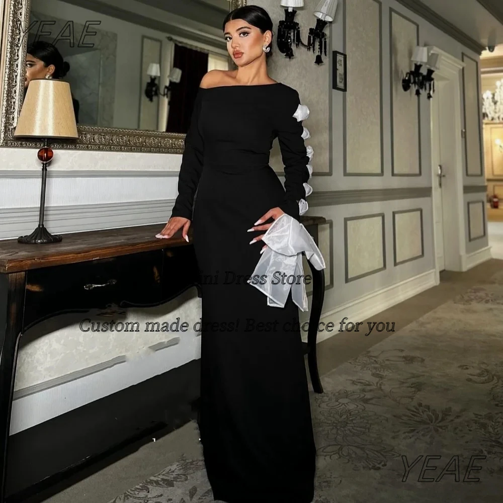 

Santorini Customized Black Sheath Prom Dresses with White Tie Long Sleeves فساتين حفلة موسيقية Zipper Back Evening Gowns