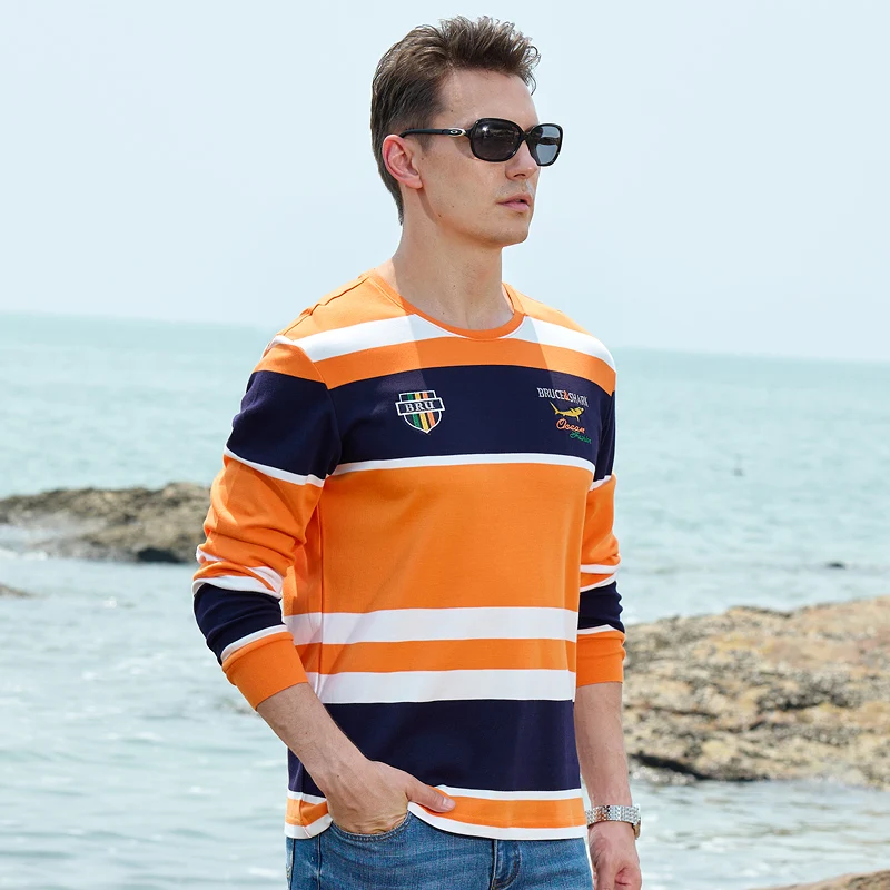 2023 Men's Orange T-Shirts Round Neck Shark Thicken Long Men's Striped Clothing Casual Fashion Loose Big Size 4XL Korea Style