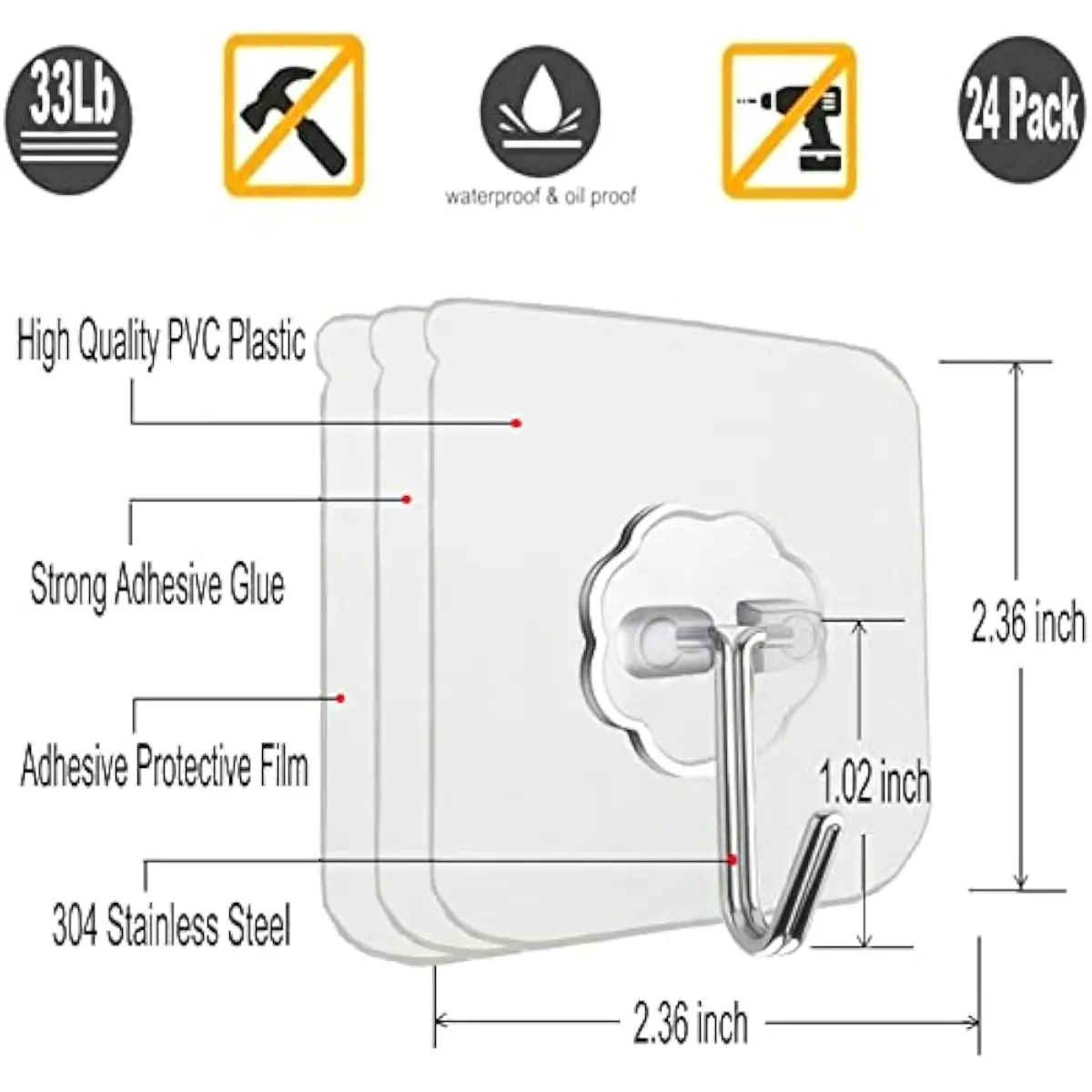Adhesive Wall Hooks No Drill Clear Heavy Duty for Hanging Hooks 33LB 24Pack