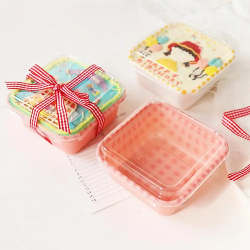 

10Pcs Disposable Cake Box with Clear Lid Waterproof Oil-proof Package Square Cute Checkered Pastry Box for Dessert Shop