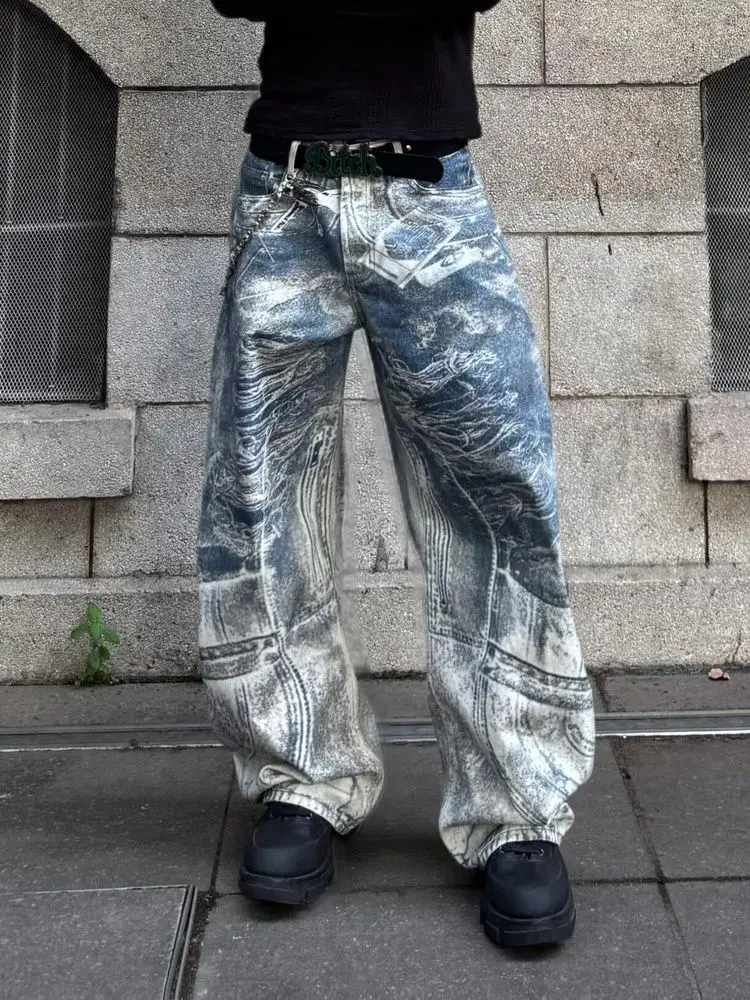 Men's Fashionable Printed Patterns Pants Hip-hop Summer Bottom Wide Legs Boys Sweatpants Male High Waist Unisex Baggy Trousers
