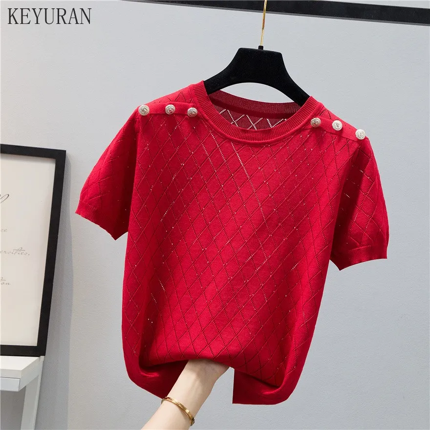 2024 Summer Hollow Short Sleeve Knitted Sweater Women Pullovers Korean O Neck Ice Silk Button Solid Knitwear Tops Femme Jumper