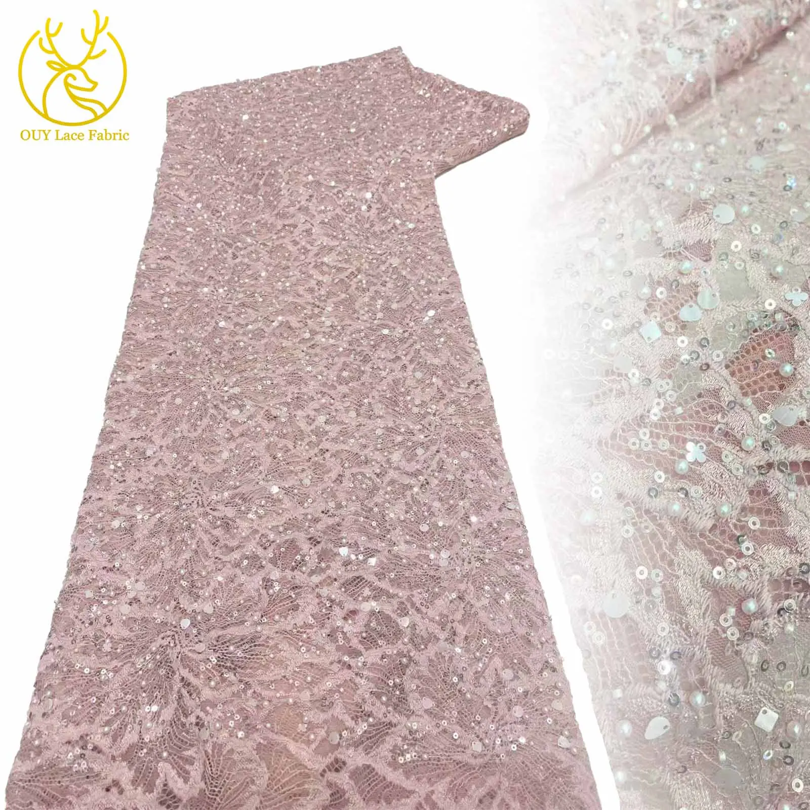 

African Handmade Beaded Sequins Mesh Embroidery Lace Face 2025 Hot Sale France Nigeria Bridal Dress Wedding Lace Fabric Wedding