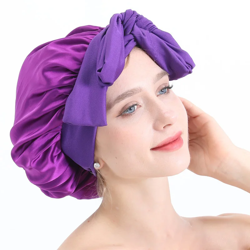Birdtree 100% Silk Bonnet Cap Night Bow Knot Round Cap Ladies Hair Care Cap Wide Stretchy Band Hair Wrap Spring A41222QM