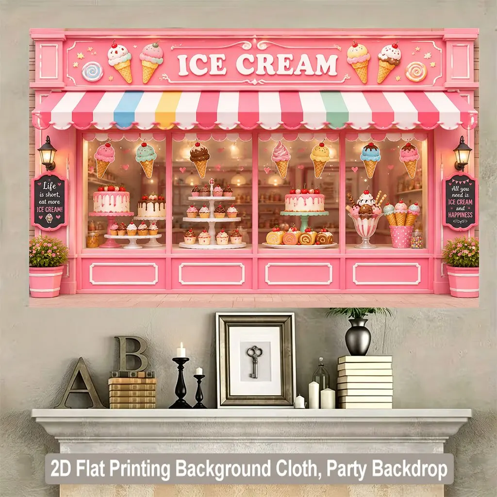 Pink Ice Cream Shop Tapestry, Cute Dessert Store Wall Hanging, Sweet Candy Color Bedroom Decor for Girls Kids Room
