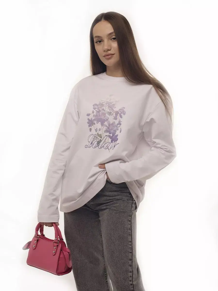 ดอกไม้หวานผ้าฝ้าย 100% เสื้อยืดแขนยาวบางเสื้อสวมหัวหลวมขนาดใหญ่วิทยาลัยผู้หญิงน่ารักพื้นฐานฤดูใบไม้ร่วงฤดูหนาว