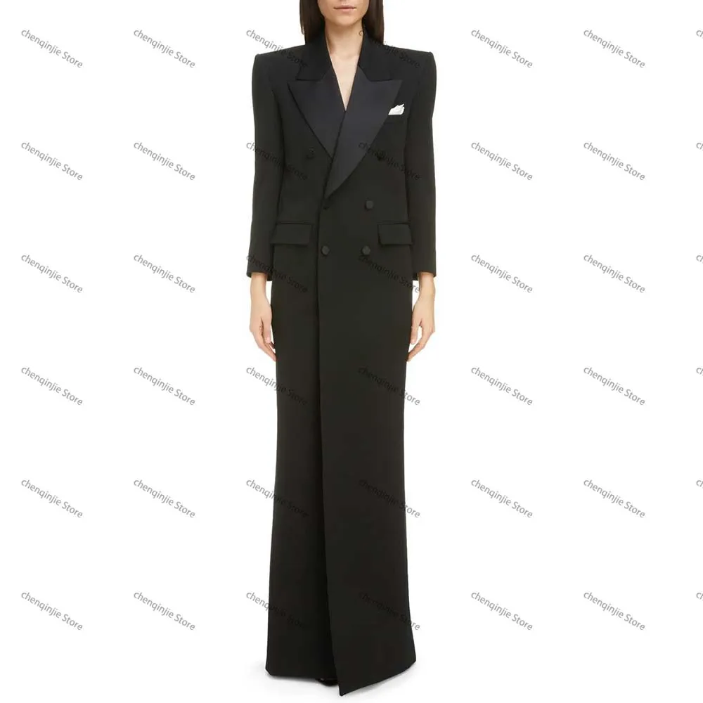 Long Black Blazer Dress Double Breasted Peak Lapel Formal Office Lady Jacket One Piece Luxury Elegant Femal Slim Fit Suits