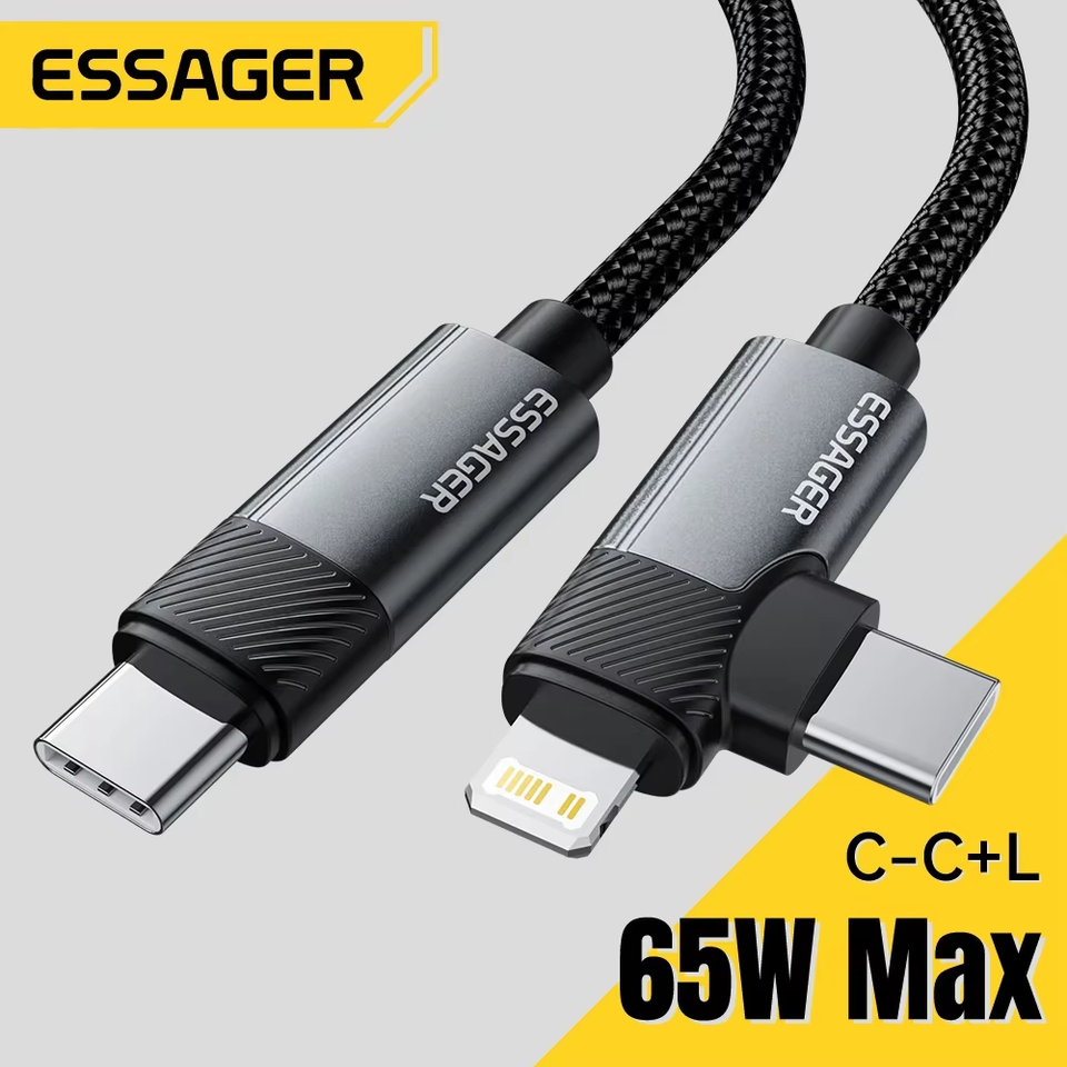  Essager 2-in-1 Right Angle Cable PD 65W 29W Fast Charging Elbow Data Cable For iPhone 15 14 13 MacBook Lenovo Asus Dell iPad Pro 
