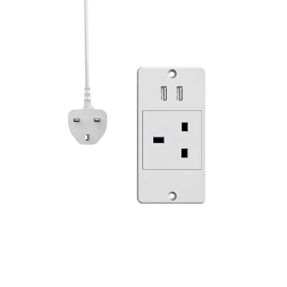 UK White Recessed Power Strip with 1 AC Outlet 2 USB-A Ports 1.5M Cord Space Saving Flush Mount Desk Socket for Furniture