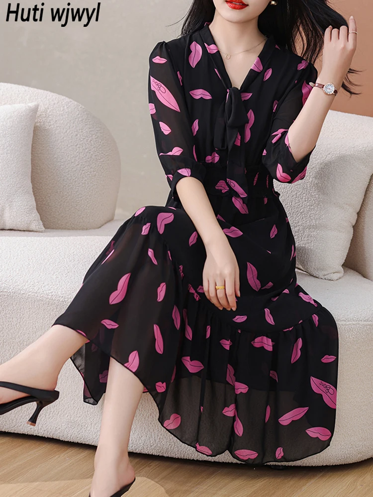 Spring Summer Black Print Chiffon Bow V-Neck Midi Dress Women Elegant and Pretty Dress 2024 Korean Fashion Bodycon Evening Dress