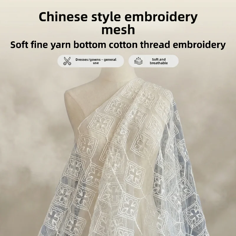 

Checkered Embroidery Mesh Fabric for DIY Sewing Handmade Wedding Dress Clothing Fashion Designer Fabrics Material Cloth