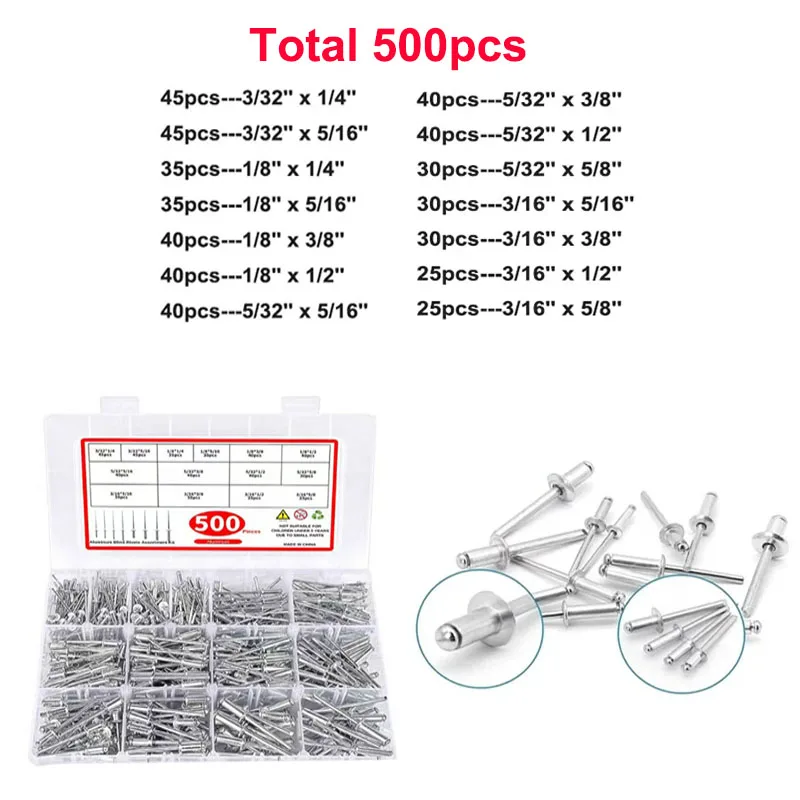 

14 sizes 500 Pcs Silver Aluminum Rivets Rivet Assortment Kit Pop Rivet Kit Blind Rivets for Metal Rivet Box Rivets Aluminum