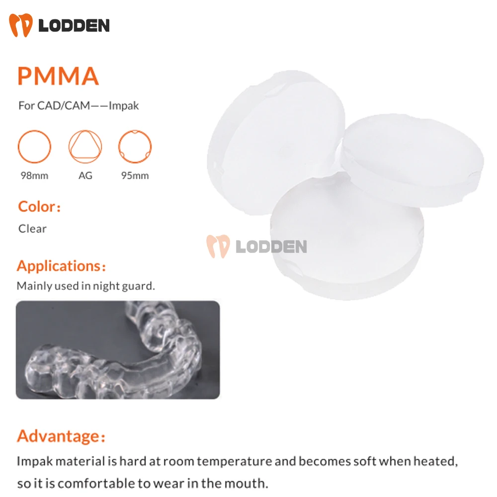 

Lodden Impak PMMA Прозрачная шина Материал для стоматологической лаборатории Открытая система 98 мм 12-25 мм Толщина Стоматологический дисковый блок Pmma