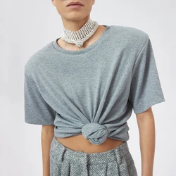 y2k knotted twist knitted threaded round neck Top women fashionable and versatile navel padded shoulder short-sleeved T-shirt