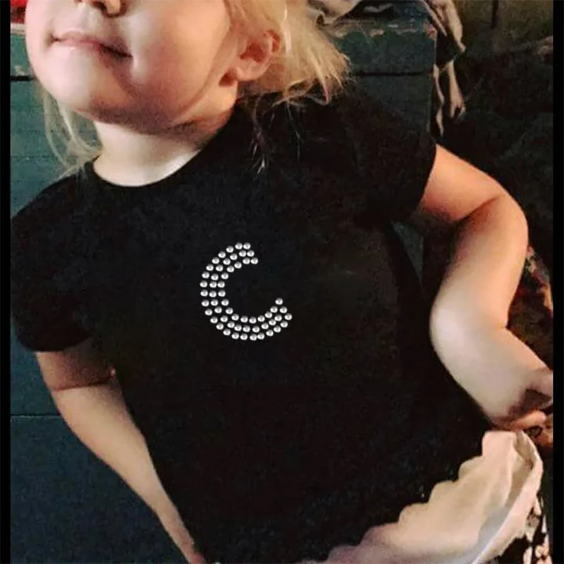 Rhinestone Letter Black  Print T-shirt Boy Girl Clothes Hipster Hip Hop Tshirt Cool Short Sleeve T Shirt Unisex Tee Stumble Guys