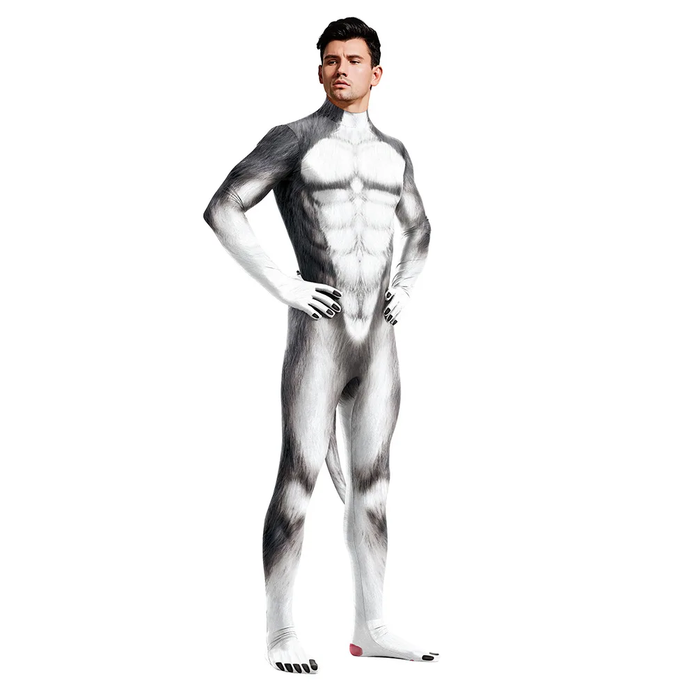 Sexy Huskies Werwolf Wolf Jumpsuit Catsuit Fantasy Cosplay Kostüm Halloween Zentai Herren Damen Unisex Verführerischer Schwanz Bodysuit – Detail 6