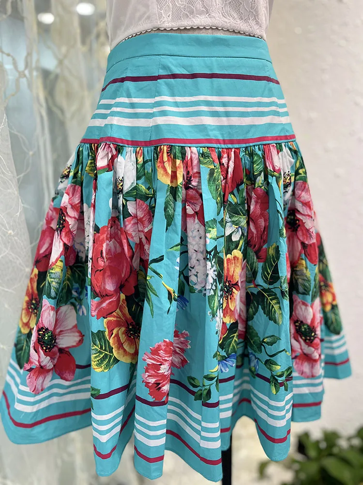 Women's Summer Skirt, 100% Cotton, Sicilian Flower Printing, Beach Holiday Half Dress, Sweets Lady, Fashion