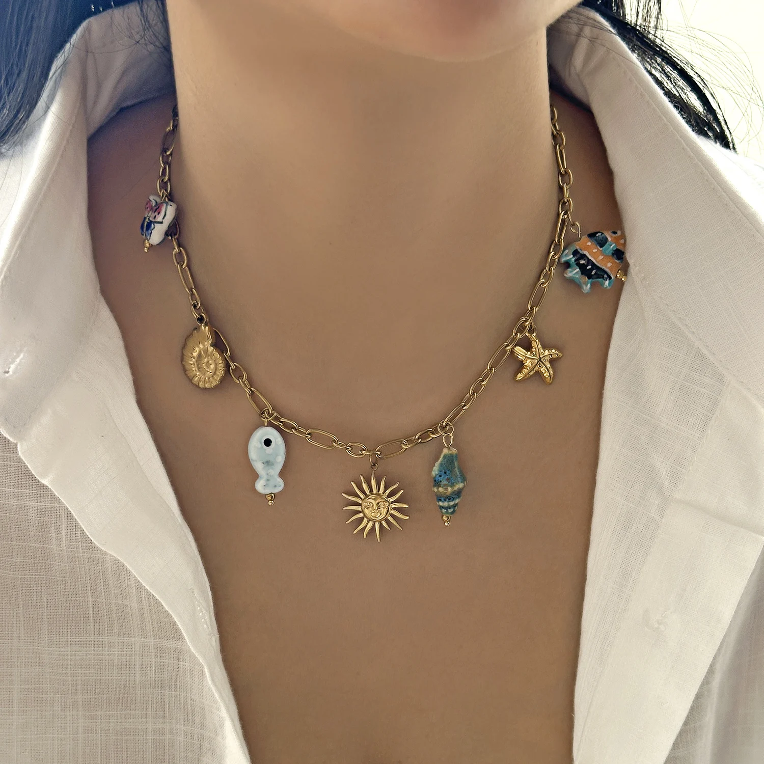 Mode Edelstahl Metall Conch Halsketten für Frauen Nette Shell Quaste Keramik Fisch Halsketten Party Täglichen Schmuck Geschenke – Detail 28