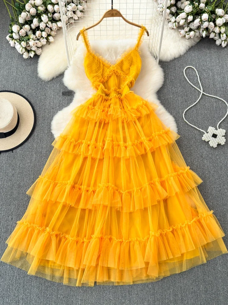 Summer New Fashion V-neck Backless Suspender Long Dress for Women\'s Pink Beach Vacation A-line Mesh Cake Dress A32