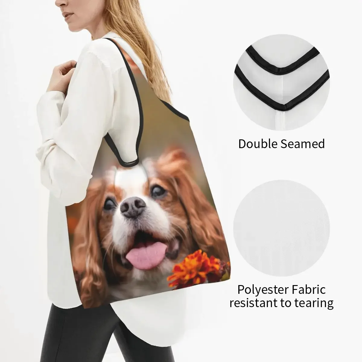 Cavalier King  Spaniel Dog Shopping Bag Reusable Grocery Eco Bags Large Capacity Animal Recycling Bags Washable Handbag