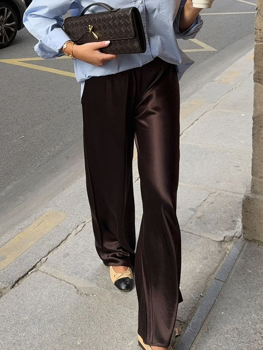 Spring Summer Women's Clothing High Waist Straight Leg Pants Elegant Office Wear Polyester Satin Look Trousers For Woman