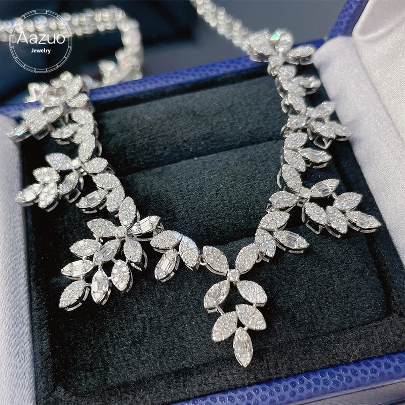 Aazuo 18K Pure White Gold Real Diamond 4ct H Luxury Full Diamonds Olive Leaf Necklace Gifted For Women High Class Banquet Party