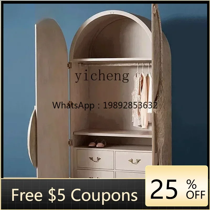 

French Retro Solid Wood Double Door Light Luxury Wardrobe Carved Wings Curved Cabinet