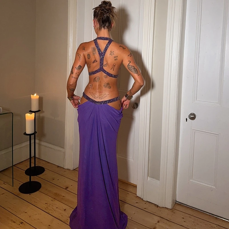 STYLISH LADY Cut Out Party Dress 2025 Summer Women Halter Backless Bodycon Elegant OL Solid Holiday Maxi Dresses