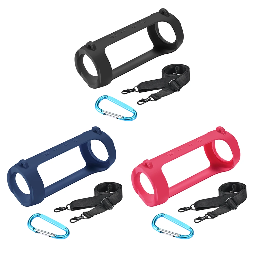 Silicone Protective Cover with Carabiner Waterproof Bluetooth-compatible Speaker Case Adjustable Strap for JBL Flip 6/Flip 5