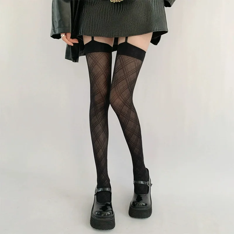 1 Pair Women Sexy Black Checkered Pantyhose Fashionable Slim Fit Jk Spicy Girl Style Summer Lightweight Breathable Casual Sock