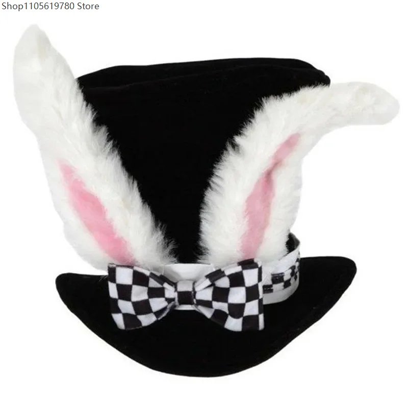 Unisex Adult Cosplay Top Hat Decorative Plush Rabbit Ears Checkered Bow Accent Headwear For Halloween Costume Accessory 2026
