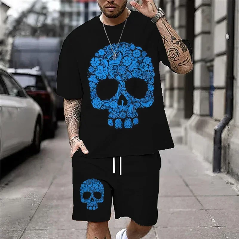 Men\'s Skull Print Tracksuit, Loose Set, Casual T-Shirt and Shorts, Summer Suit, New, 2022