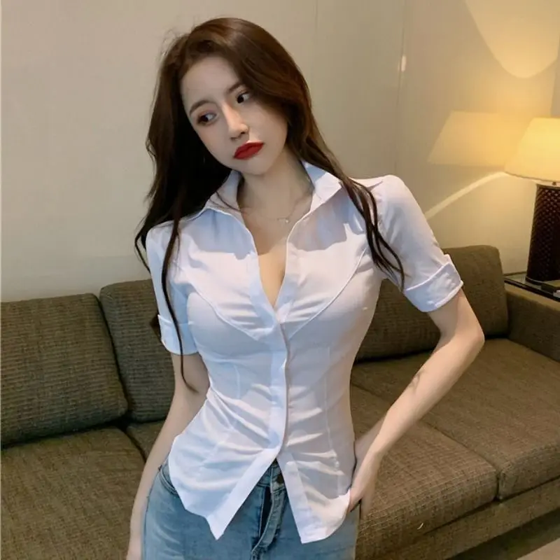 White Women\'s Buttoned Shirt Aesthetic Top Fashion Half Sleeve Korean Style Youth Summer Blouse Woman Beautiful Sexy Transparent