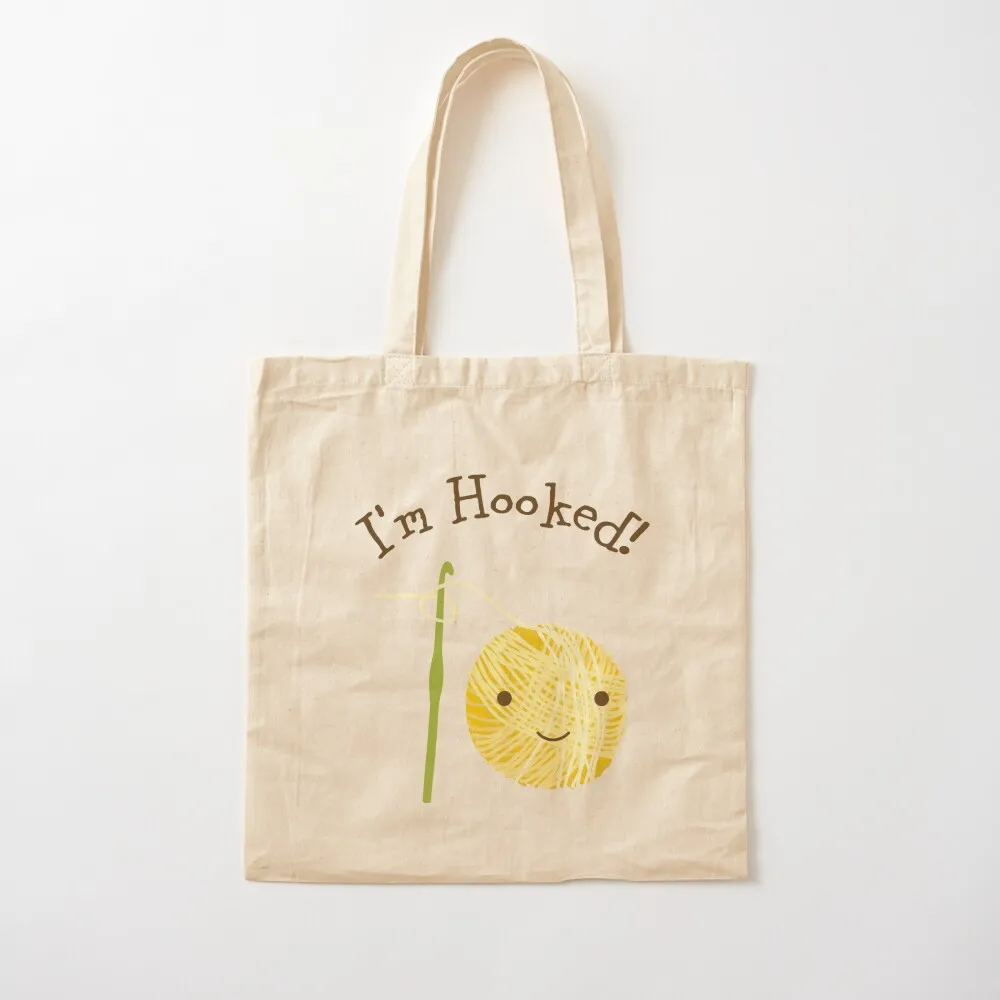 

I'm Hooked Cute Smiling Ball of Yarn and Crochet Hook Tote Bag shopping trolley bag custom bags Candy bags Canvas Tote Bag