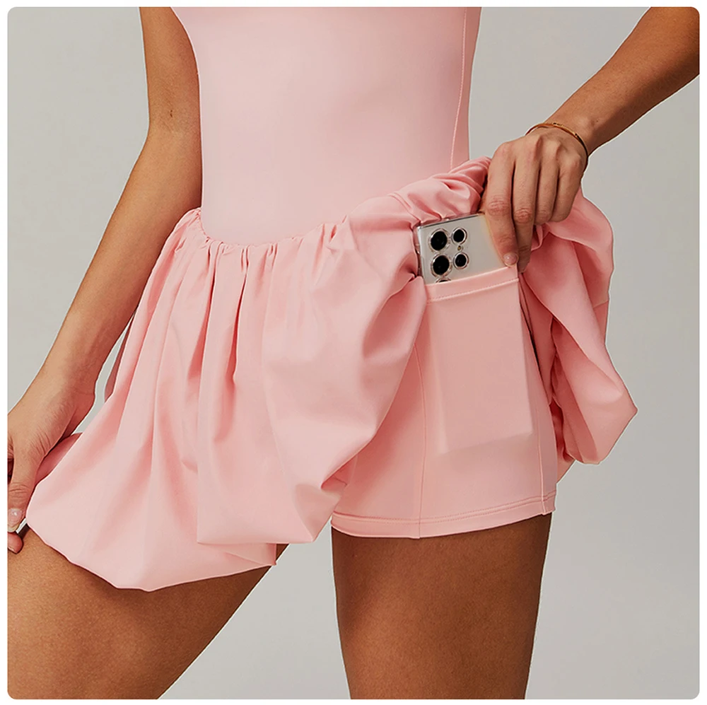 طقم ملابس رياضية لليوجا بدون أكمام وسحاب للسيدات، قطعة واحدة رياضية مع تنانير تنس قصيرة للياقة البدنية