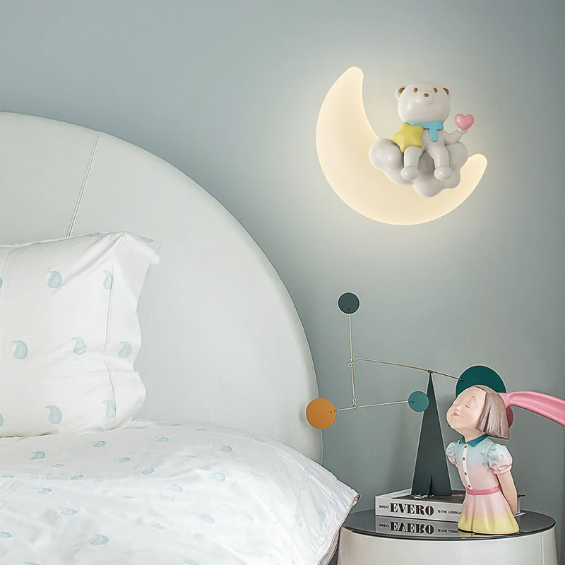 Creative Children Wall Lamps PE White Wall Sconces Moon Lighting Girl Bear Rabbit Kids Bedroom Atsmophere Wall Light LED Indoor