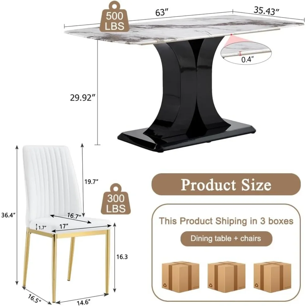 6-piece dining table set, marble rectangular kitchen table with PU leather cushioned dining chairs 6-piece set