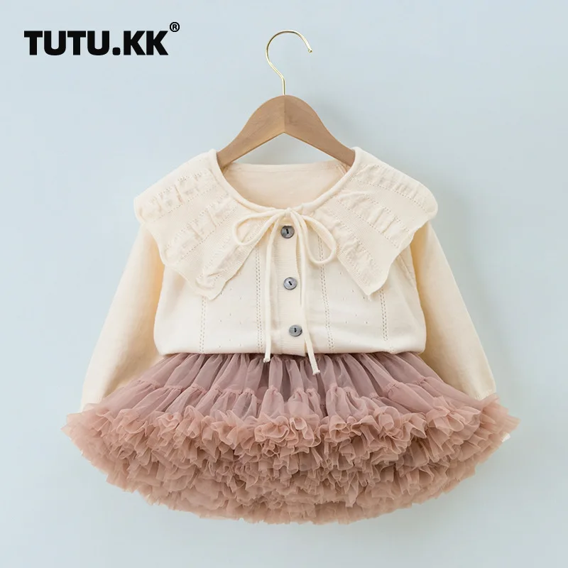 Summer Girls Suit Korean Style Sailor Long Sleeve+Tutu Skirt 2Pcs Suits  Pettiskirt Solid Skirt Outfits for Girl  W-S1069