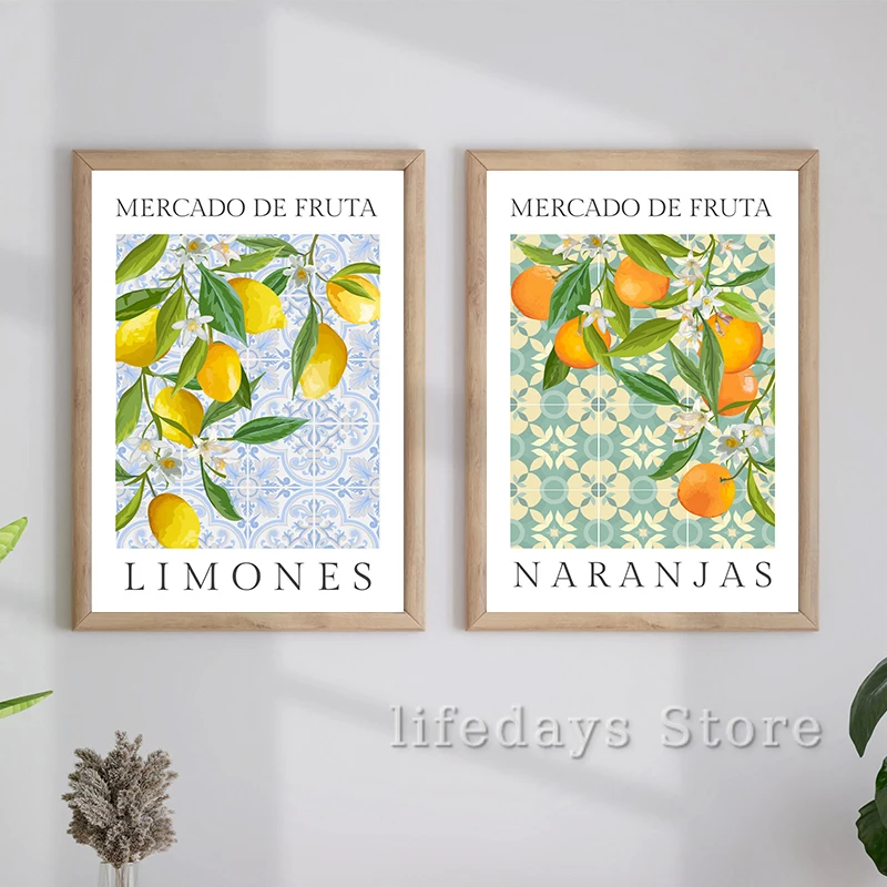 Spanish Fruit Art Lemons Oranges Posters and Prints Wall Art Picture Colourful Kitchen Food Fruit Canvas Painting Home Decor