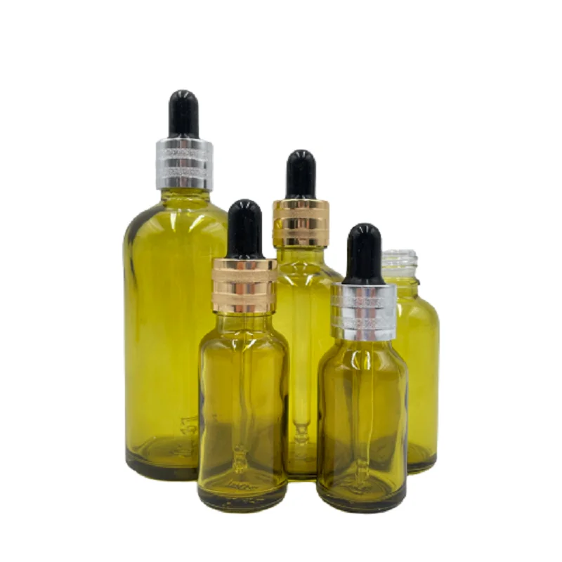 

5/10/15/30/50/100ml Olive Green Glass Dropper Bottles Gold Silver Collar Serum Drop Liquid Essential Oil Pipette Bottles 15pcs