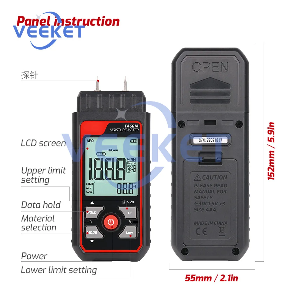 TA661A Digital Quick Moisture Content Tester For Wood Materials Paper Flooring Determination Moisture Content Tester 0~548%RH