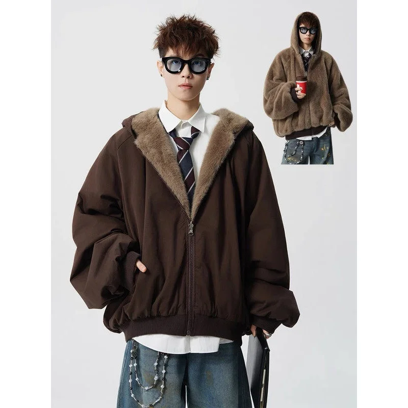 

Double-Sided Winter Coat Warm Cotton Outerwear Rabbit Fur Simulation Hong Kong Sle Korean Version College Faion Street Trend