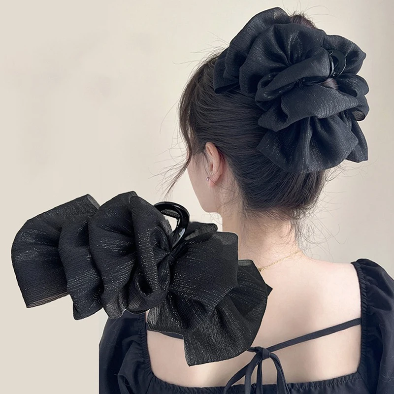 Moda feminina seersucker clipe preto bowknot cabelo garra arco de cabelo tubarão clipe malha bolha grabber menina headwear