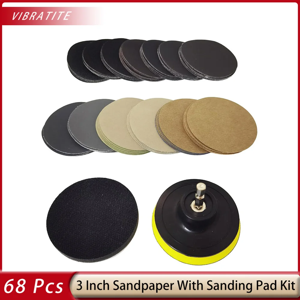 65 Pcs 3Inch 75mm Grit 80-10000 Waterproof Sandpaper Sanding Disc Hook&Loop for Drill Grinder Rotary Tool and Wood Metal Jewelry