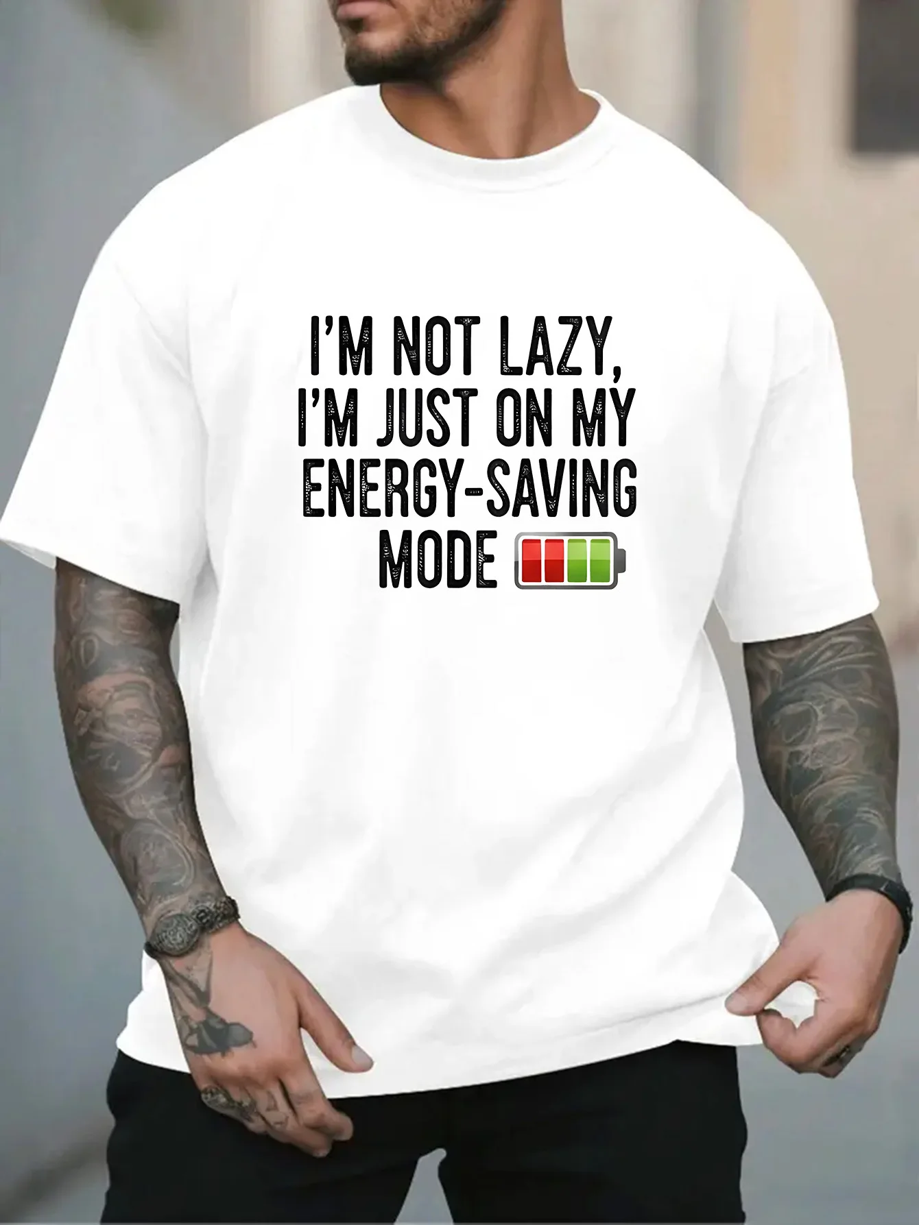 2026 New Men Light Purple Crew Neck Tee Im Not Lazy Im Just On My Energy Saving Mode Funny Battery Humor Text Casual Cotton Tops