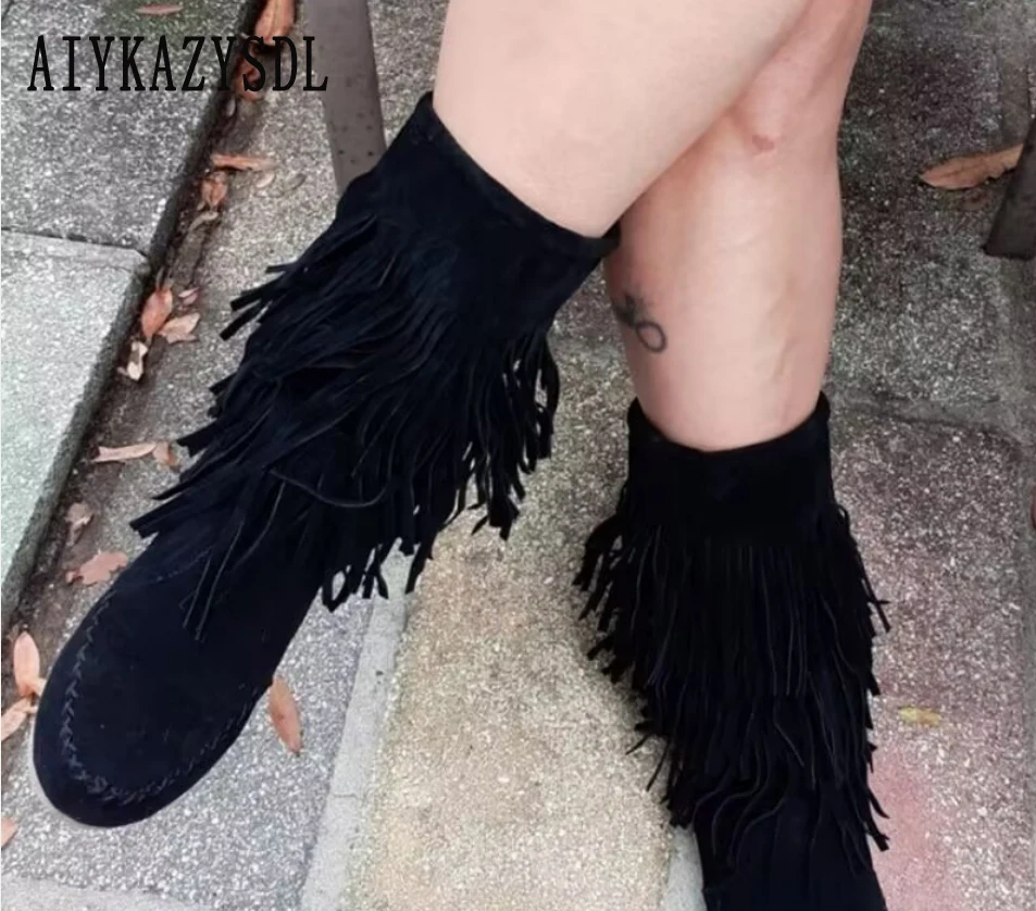 AIYKAZYSDL Faux Suede Fringe Tassel Moccassin Mid-calf Knight Boots Casual Flat Heel Shoes Bohemia Dress Booties Cowboy Shoes